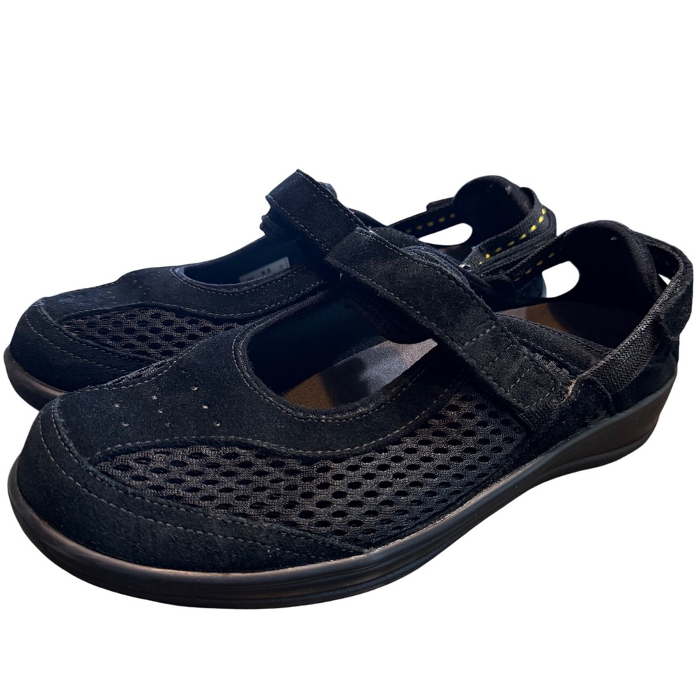 Orthofeet 893 Womens Black Leather Mesh Mary Jane Walking Shoes 8.5 D Wide